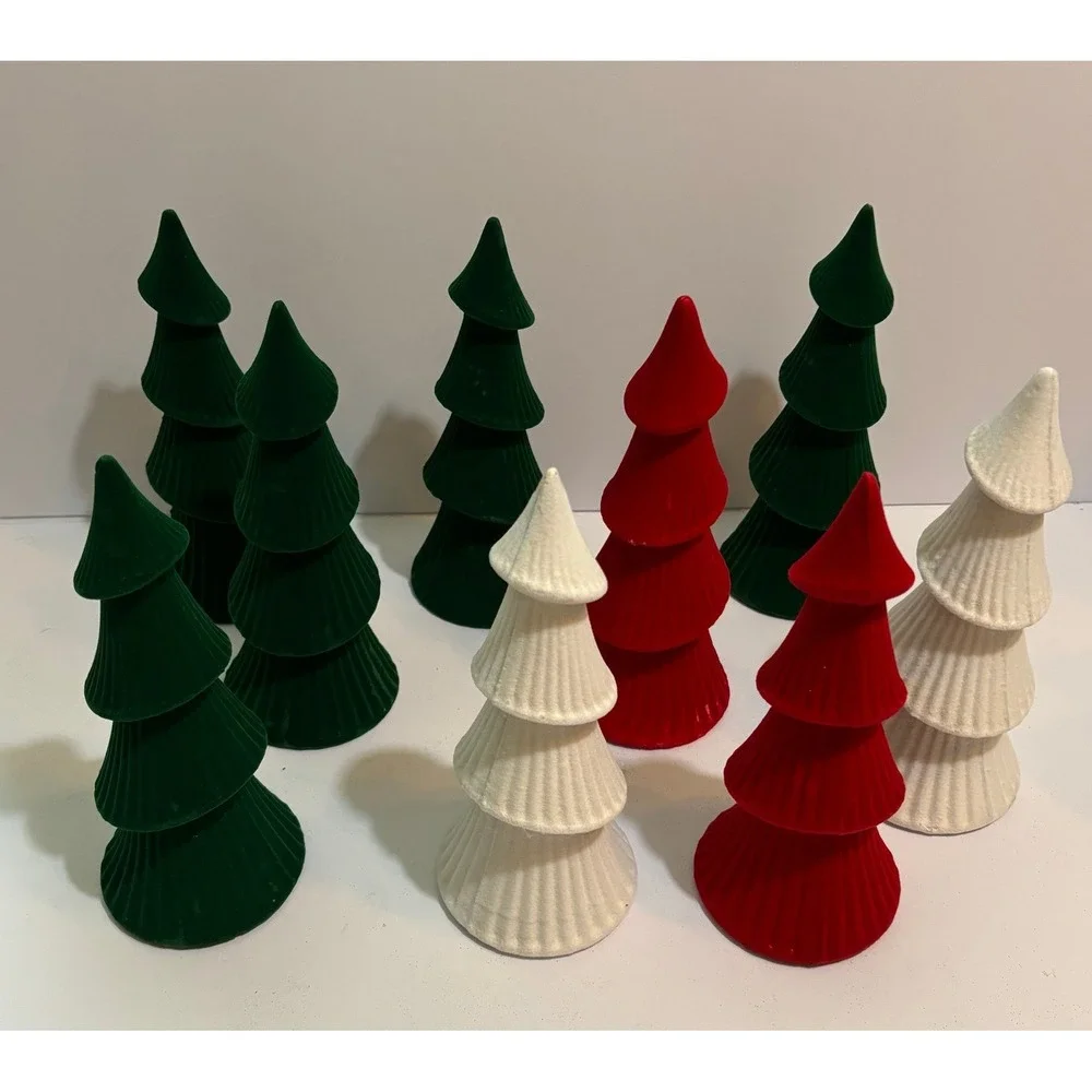 9pc Flocked Christmas Tree Set Red White Green Velvet Holiday Decor 9.5 Inch